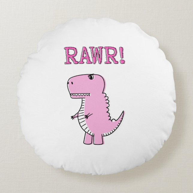 Cute And Angry Pink Cartoon T-Rex Dinosaur Round Pillow (Front)