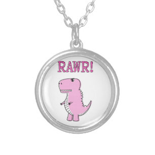 Cute And Angry Pink Cartoon T-Rex Dinosaur Silver Plated Necklace