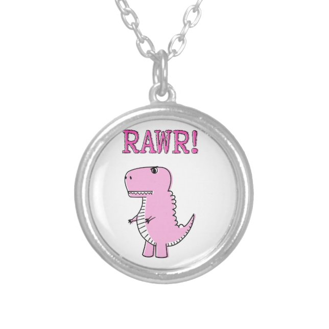 Cute And Angry Pink Cartoon T-Rex Dinosaur Silver Plated Necklace (Front)