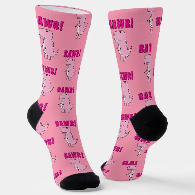 Cute And Angry Pink Cartoon T-Rex Dinosaur Socks (Angled)