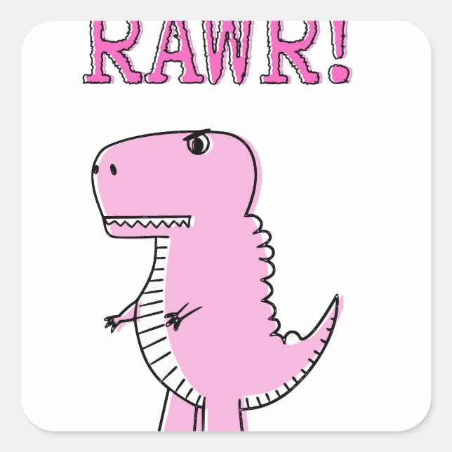 Cute And Angry Pink Cartoon T-Rex Dinosaur Square Sticker (Front)
