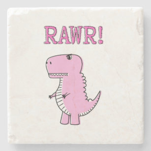 Cute And Angry Pink Cartoon T-Rex Dinosaur Stone Coaster