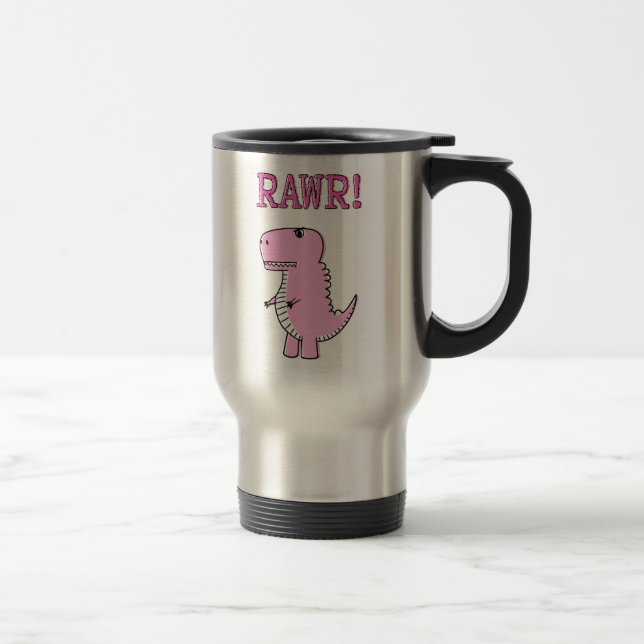 Cute And Angry Pink Cartoon T-Rex Dinosaur Travel Mug (Right)