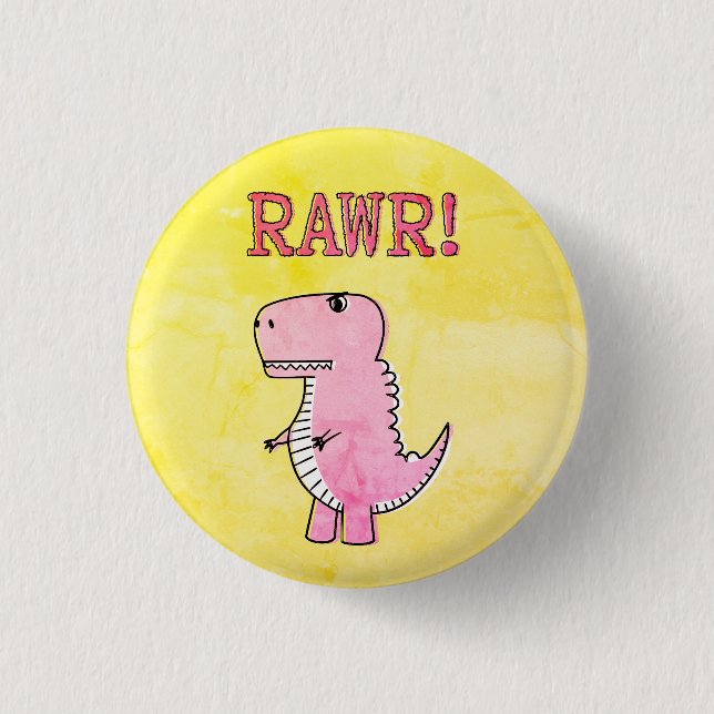 Cute And Angry Pink Cartoon T-Rex Old Paper Button (Front)