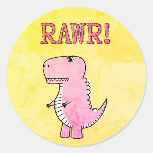 Cute And Angry Pink Cartoon T-Rex Old Paper Classic Round Sticker