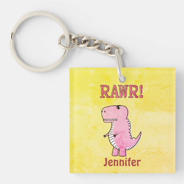 Cute And Angry Pink Cartoon T-Rex Old Paper Keychain (Front)