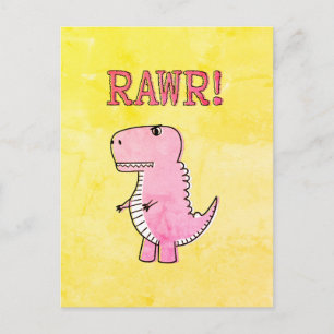 Cute And Angry Pink Cartoon T-Rex Old Paper Postcard