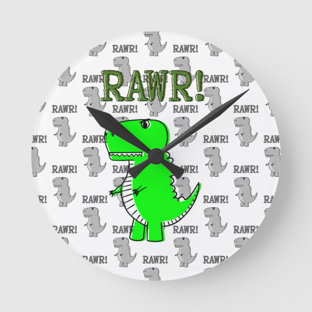 Cute and Angry T-Rex With Black And White Pattern Round Clock (Front)