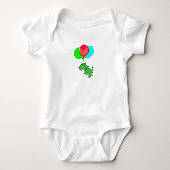 Cute And Angry Toy Dinosaur Flying With Balloons Baby Bodysuit (Front)