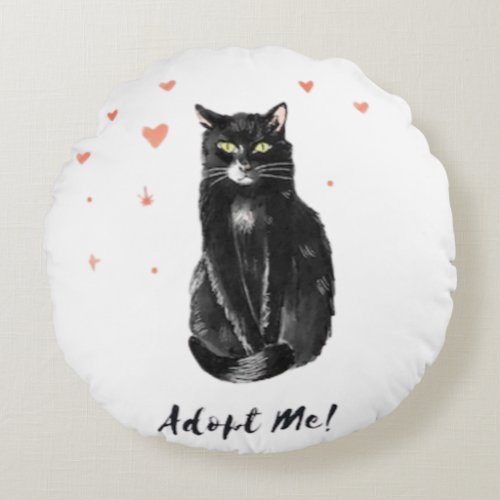 Cute and Black Cat Adopt Me  Round Pillow