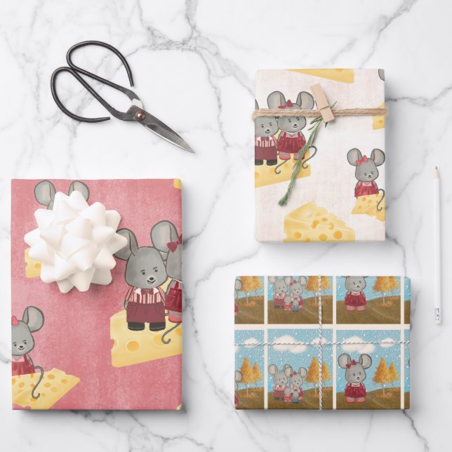 Cute and Cheesy Mouse Family Wrapping Paper Sheets (Front)