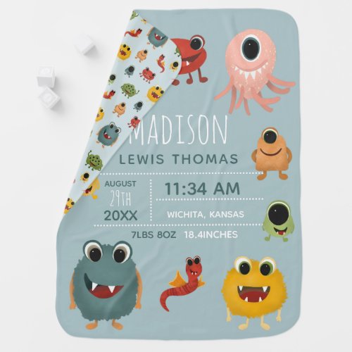 Cute and Colorful Alien Monster Birth Stats Baby Blanket