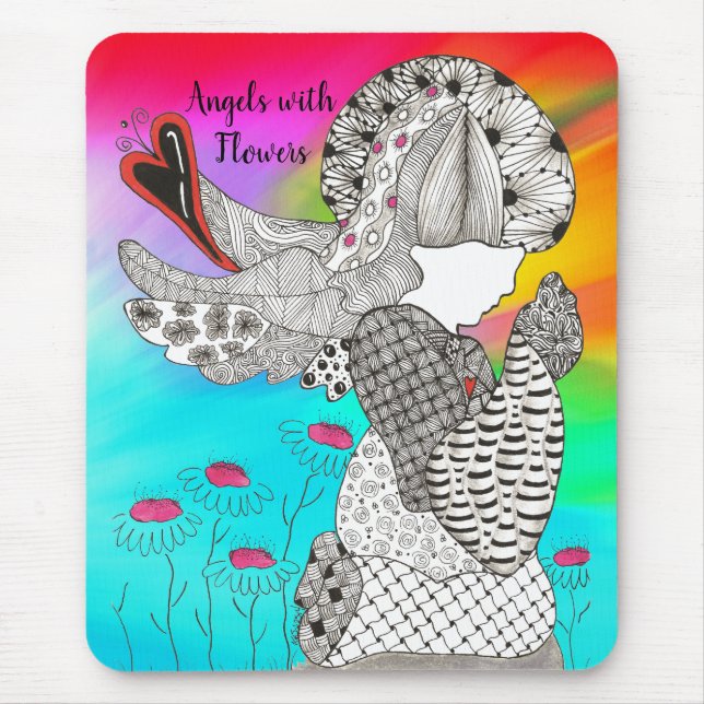 Cute and Colorful Angel with Flowers Mouse Pad (Front)