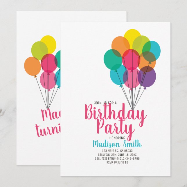Cute and Colorful Balloons Birthday Invitation (Front/Back)