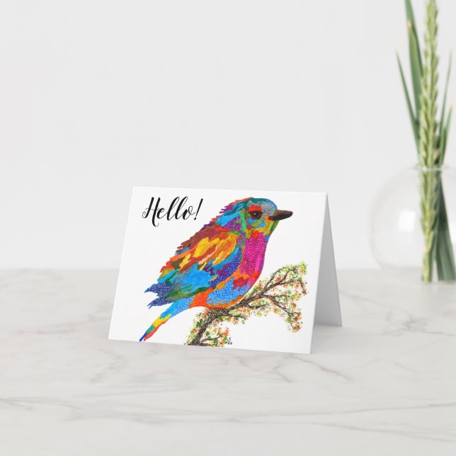 Cute and Colorful Bird on a Branch Greeting Card (Front)