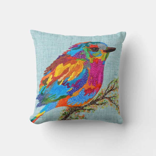 Cute and Colorful Bird on a Branch Throw Pillow (Front)