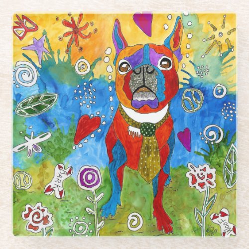 Cute and Colorful Boston Terrier Glass Coaster