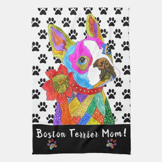 Cute and Colorful Boston Terrier Mom Kitchen Towel (Vertical)