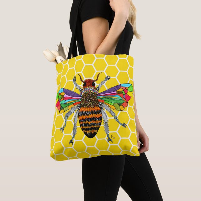 Cute and Colorful Bumble Bee Tote Bag (Close Up)