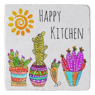 Cute and Colorful Cactus Happy Kitchen Trivet