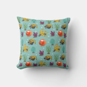Cute and Colorful Cartoon Fish with Bubbles Throw Pillow