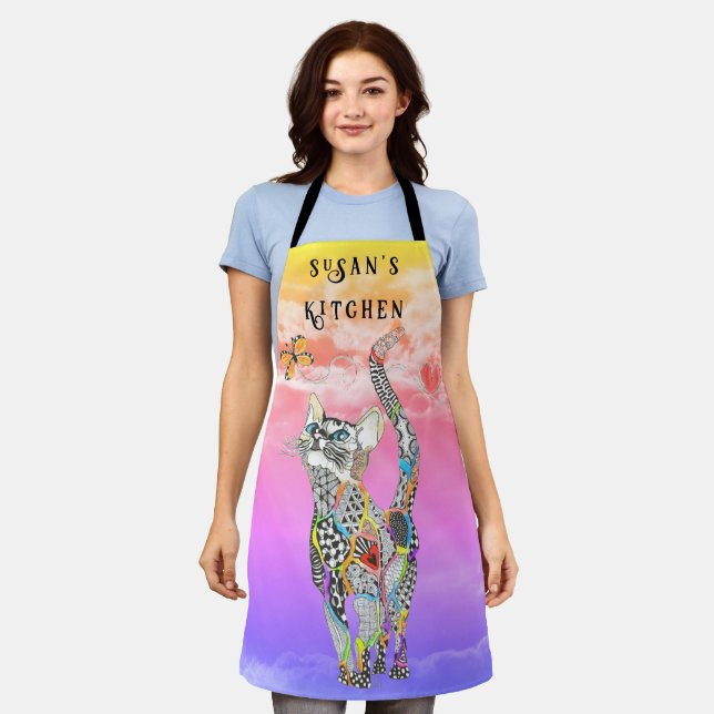 Cute and Colorful Cat and Butterfly Apron (Worn)