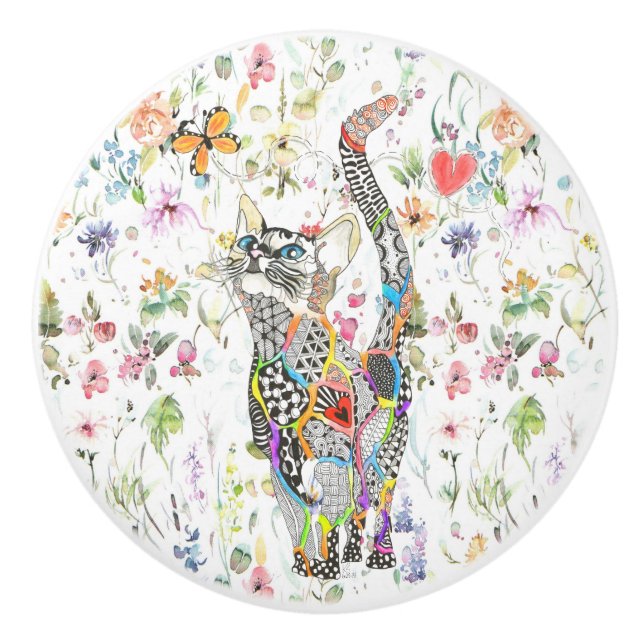 Cute and Colorful Cat Floral   Ceramic Knob (Front)