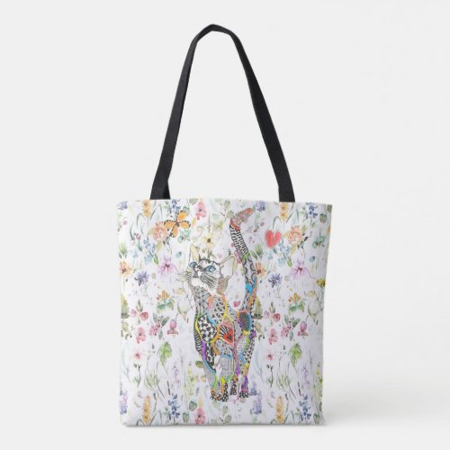 Cute and Colorful Cat Floral Tote Bag
