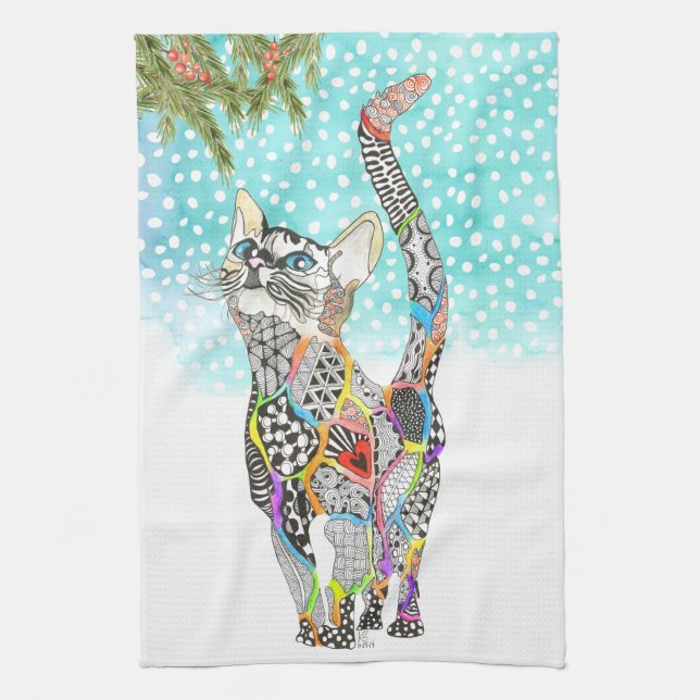 Cute and Colorful Cat in the Snow Kitchen Towel (Vertical)