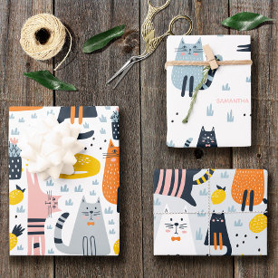 Cute and Colorful Cat Pattern Monogrammed Name Wrapping Paper Sheets