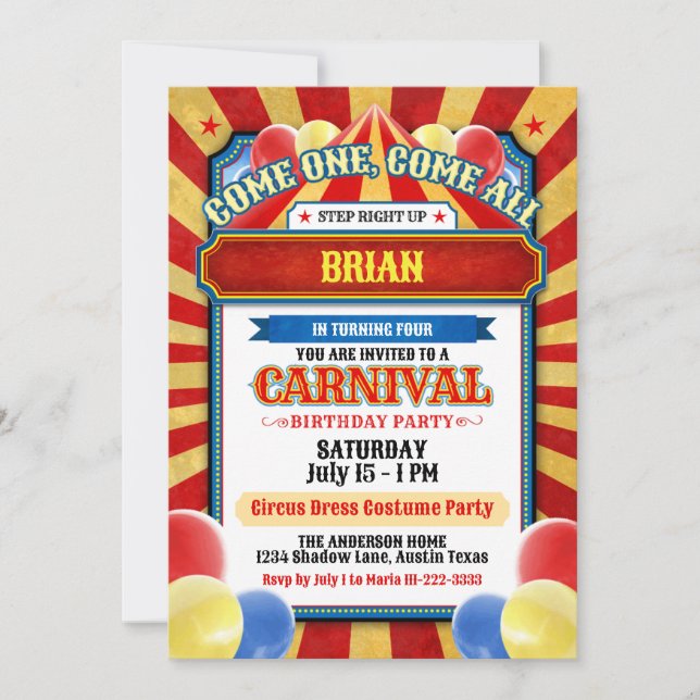 Cute and Colorful Circus Theme Party Invitations (Front)