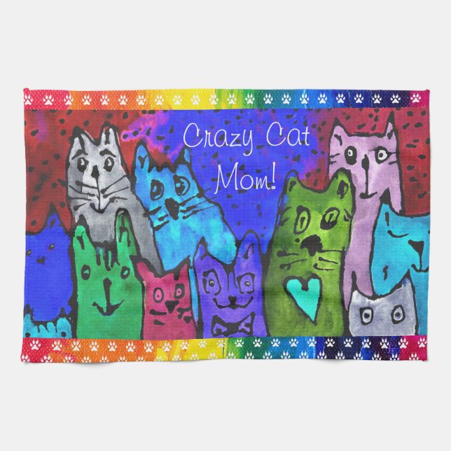 Cute and Colorful Crazy Cat Mom Kitchen Towel (Horizontal)