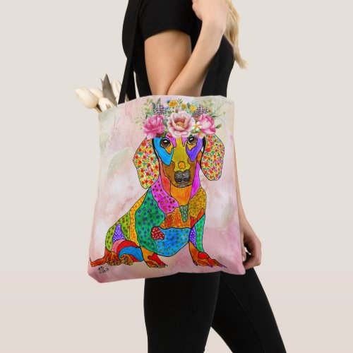 Cute and Colorful Dachshund Floral Crown Tote Bag