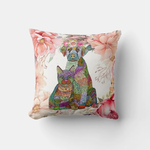 Cute and Colorful Dog and Cat Adoption Floral  Throw Pillow