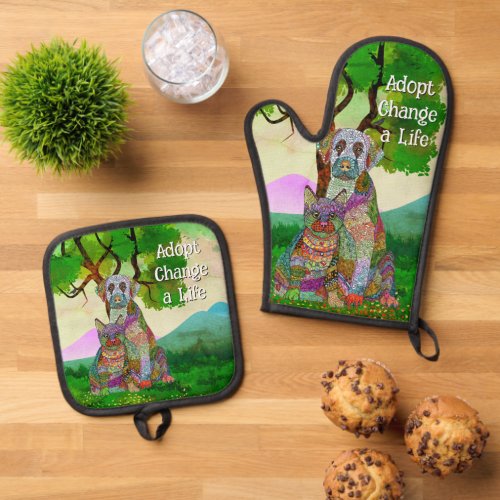 Cute and Colorful Dog and Cat Adoption Oven Mitt  Pot Holder Set