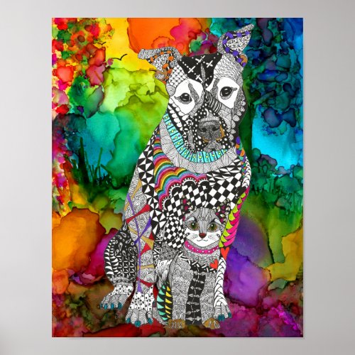 Cute and Colorful Dog and Cat Poster _  11x14