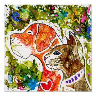 Cute and Colorful Dog and Cat Poster - 20" x 20"