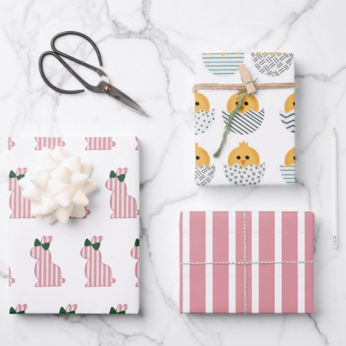 Cute and colorful Easter bunny and chick Striped Wrapping Paper Sheets