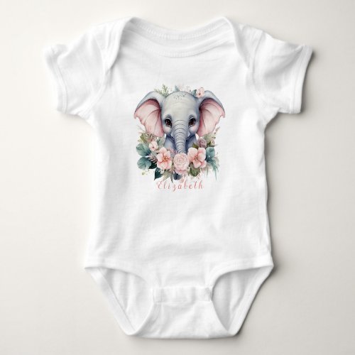 Cute and Colorful Floral Baby Elephant Baby Bodysuit