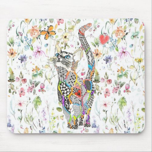 Cute and Colorful Floral Cat Mouse Pad