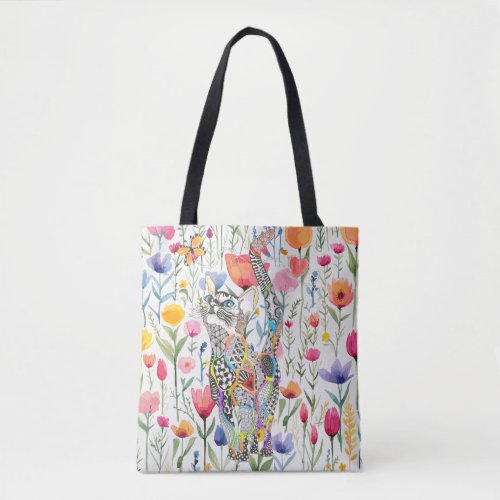 Cute and Colorful Floral Cat Tote Bag