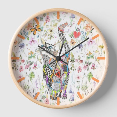 Cute and Colorful Floral Cat Wall Clock