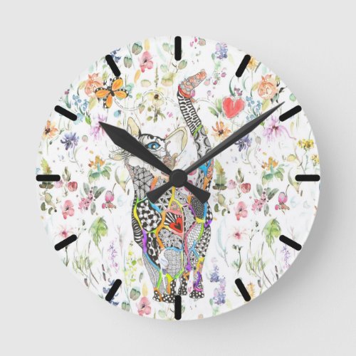 Cute and Colorful Floral Cat Wall Clock