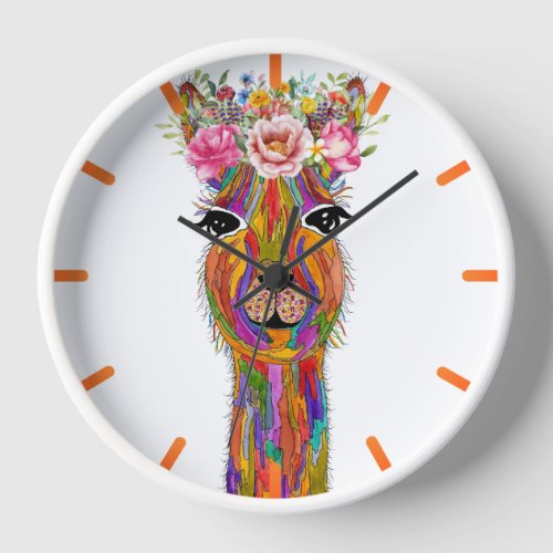 Cute and Colorful Floral Llama Clock