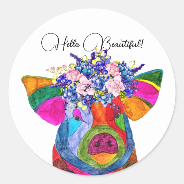 Cute and Colorful Floral Pig Round Stickers (Front)