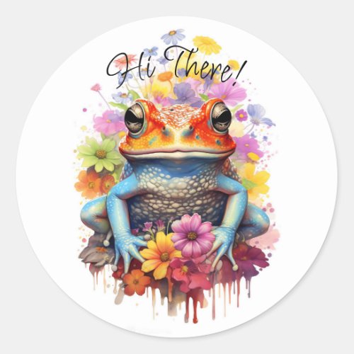Cute and Colorful Frog with Flowers Classic Round Sticker