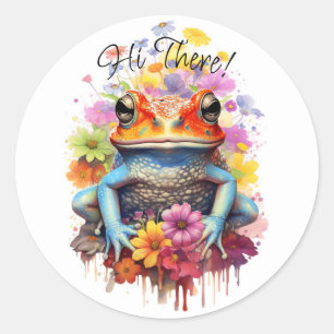 Cute and Colorful Frog with Flowers Classic Round Sticker