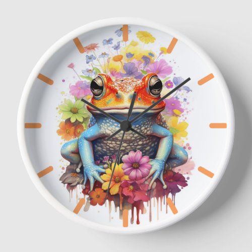 Cute and Colorful Frog with Flowers Clock