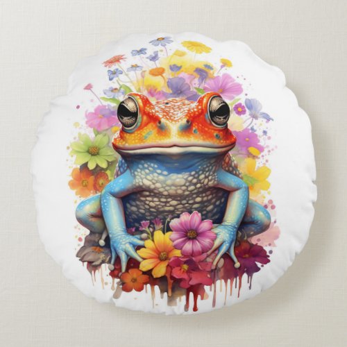 Cute and Colorful Frog with Flowers Round Pillow