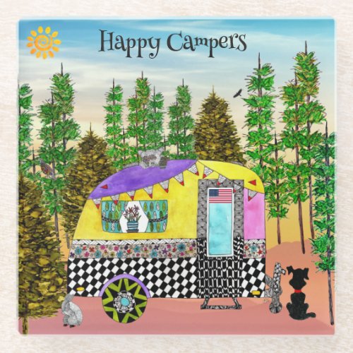Cute and Colorful Happy Camper Glass Coaster